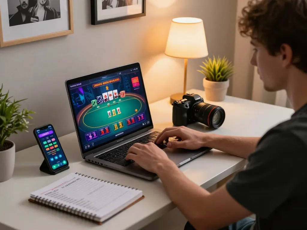Player enjoys an online poker game at home with F168, showcasing a laptop, notes, and smartphone.