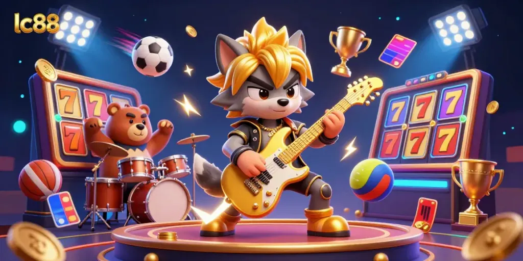 Experience thrilling gameplay with lc88 at this vibrant casino illustration featuring dynamic characters and sports elements.