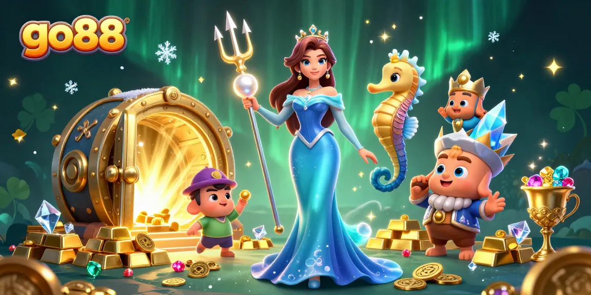 Experience the thrilling adventures of go88 with a captivating treasure-filled underwater illustration.