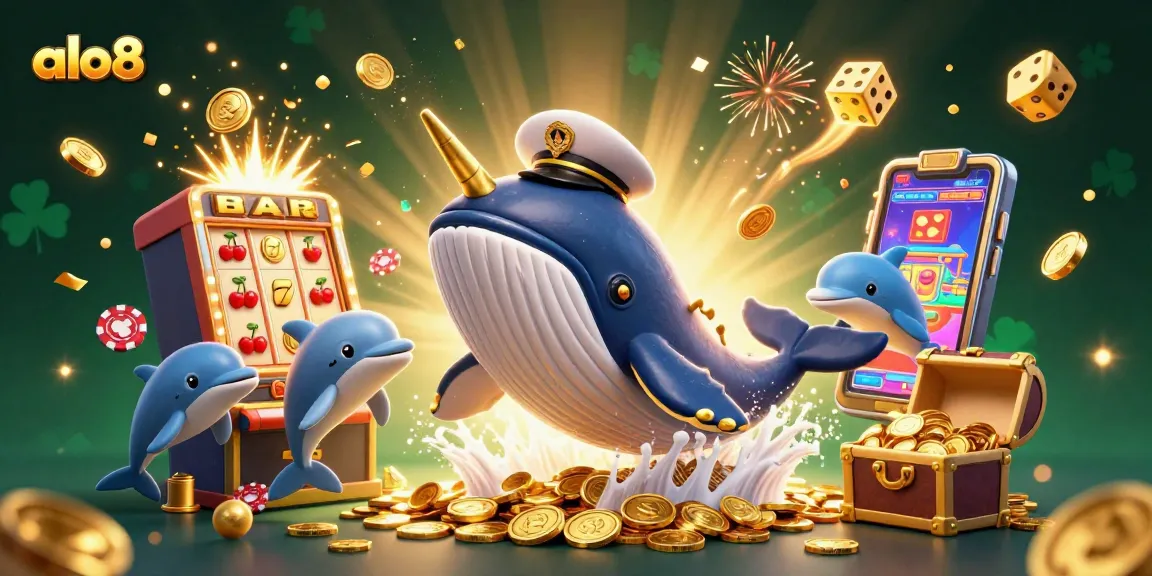 Alo8 engages players with a colorful 3D cartoon scene featuring a whale and casino elements.