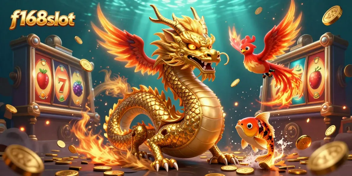 Experience the excitement of f168slot with vibrant graphics featuring a dragon, phoenix, koi fish, and slot symbols in action.