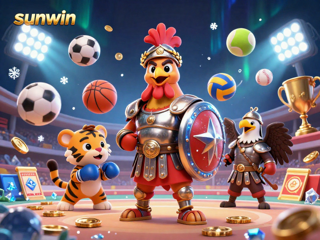 Experience sunwin's thrilling sports betting with a dynamic 3D illustration of a gladiator rooster and tiger cub.