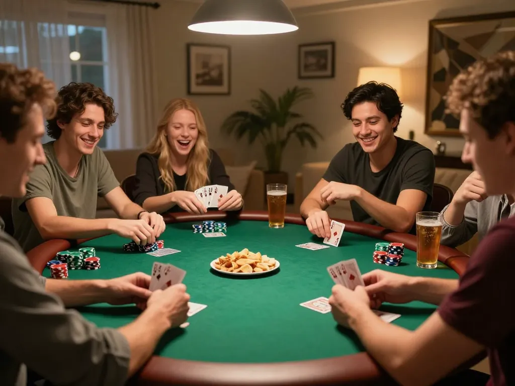 VK88 poker game night, friends enjoying cards and chips in a lively home setting