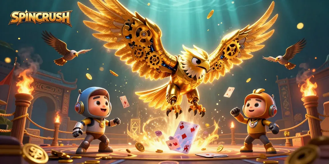 Experience SPINCRUSH action with the golden eagle soaring through holographic cards in a dynamic casino setting.