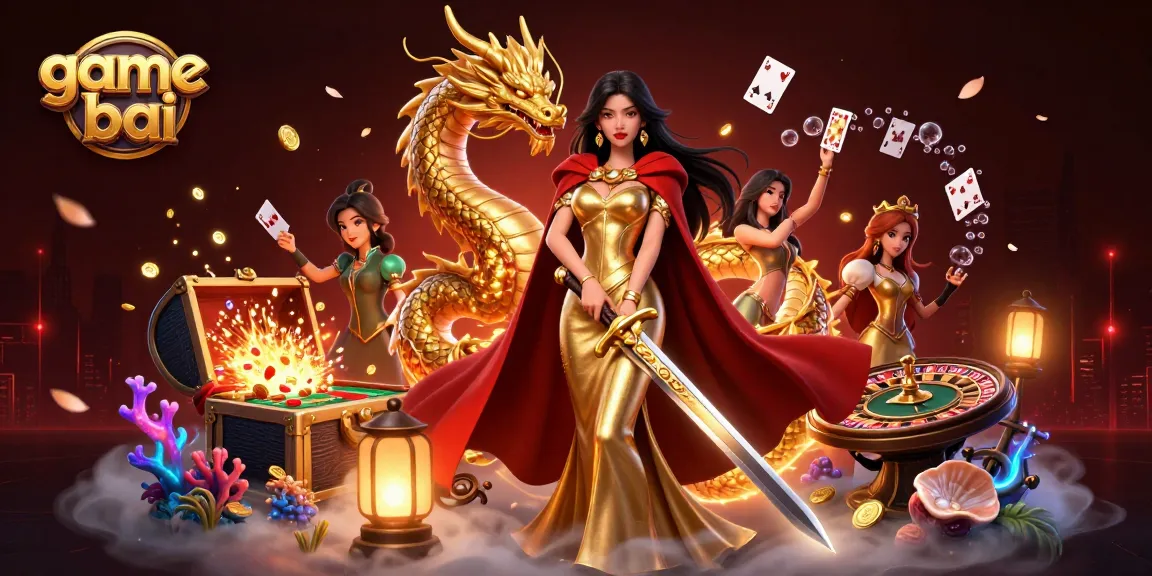 Experience thrilling game bai action with a warrior queen and vibrant casino elements.