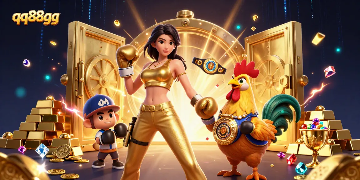 qq88gg showcases an intense gambling scene with a powerful woman, a championship rooster, and treasure