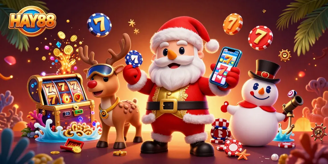 Experience the excitement of HAY88 with Santa Jackpots and casino treasures in this vibrant illustration.