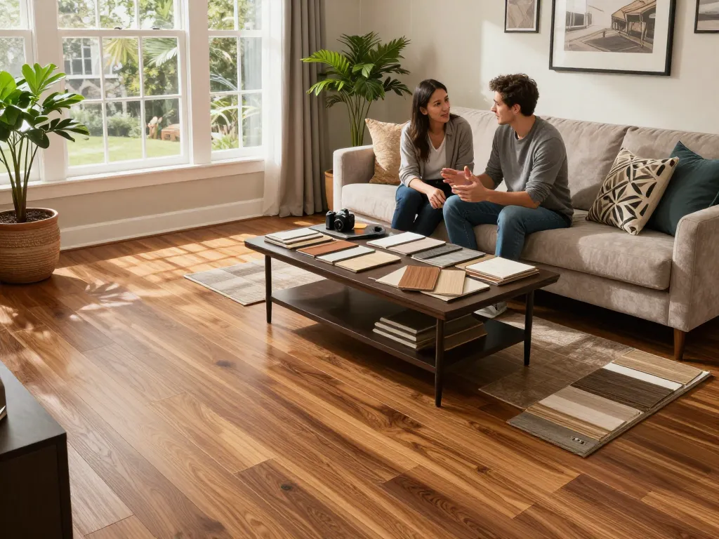 Couple discussing options with flooring specialists near me in a stylish living room with hardwood floors.