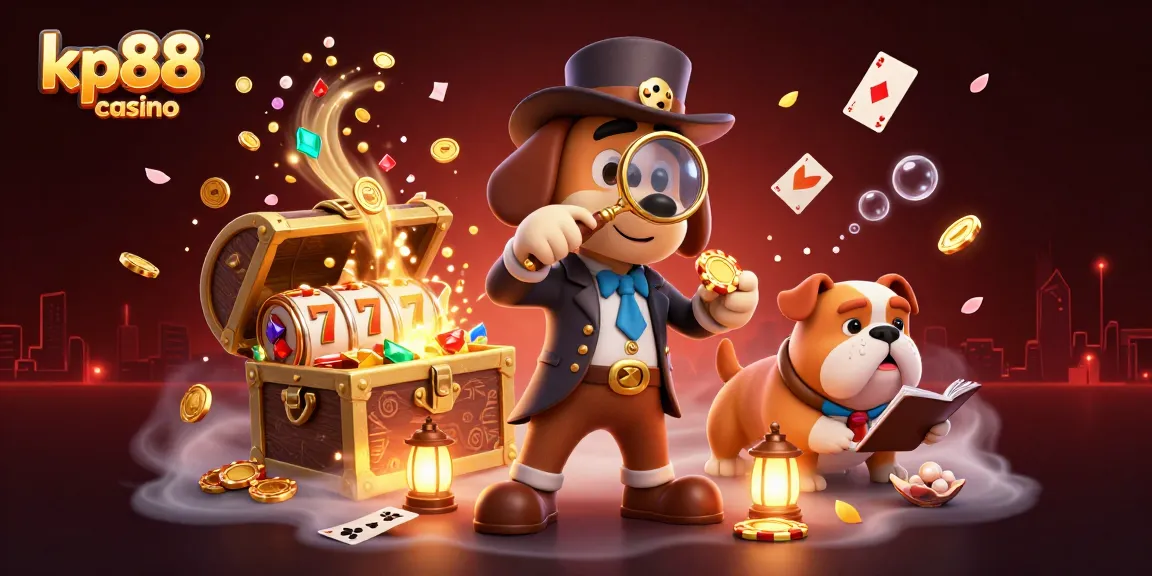 Engage with kp88 casino excitement, uncovering clues with a cartoon detective and bulldog companions.