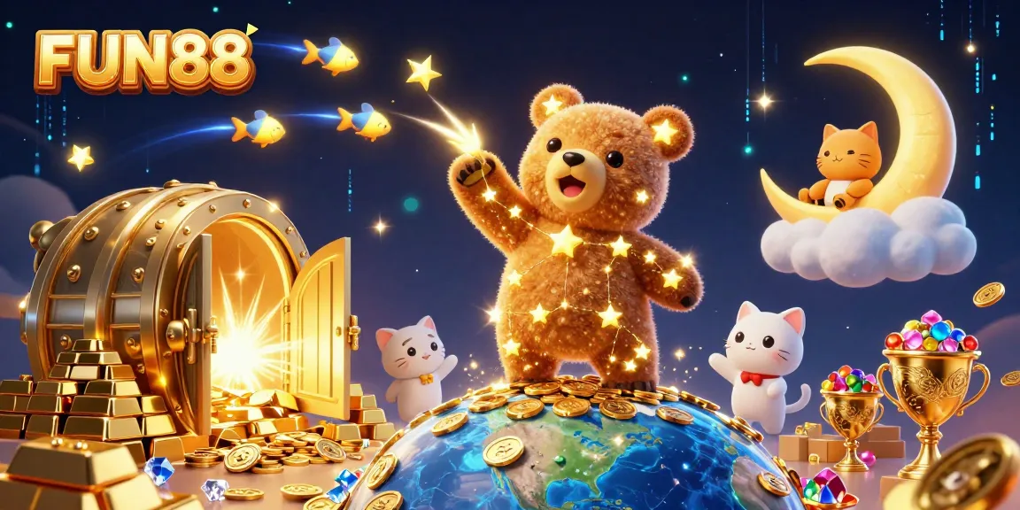 Experience FUN88's thrilling adventure with a constellation bear collecting coins in a dynamic casino scene.