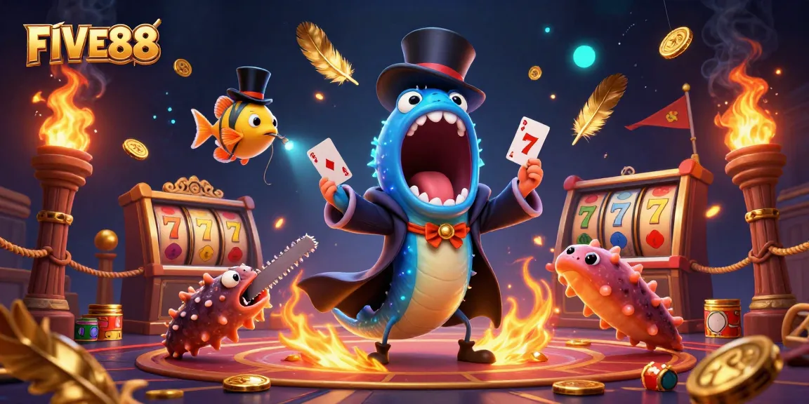 FIVE88 offers a vibrant casino scene with a bioluminescent eel and anglerfish showcasing thrilling card tricks.