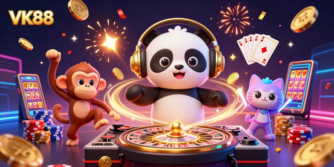 Celebrate thrilling wins with VK88 while a DJ panda spins, colorful coins fly, and excitement fills the scene.