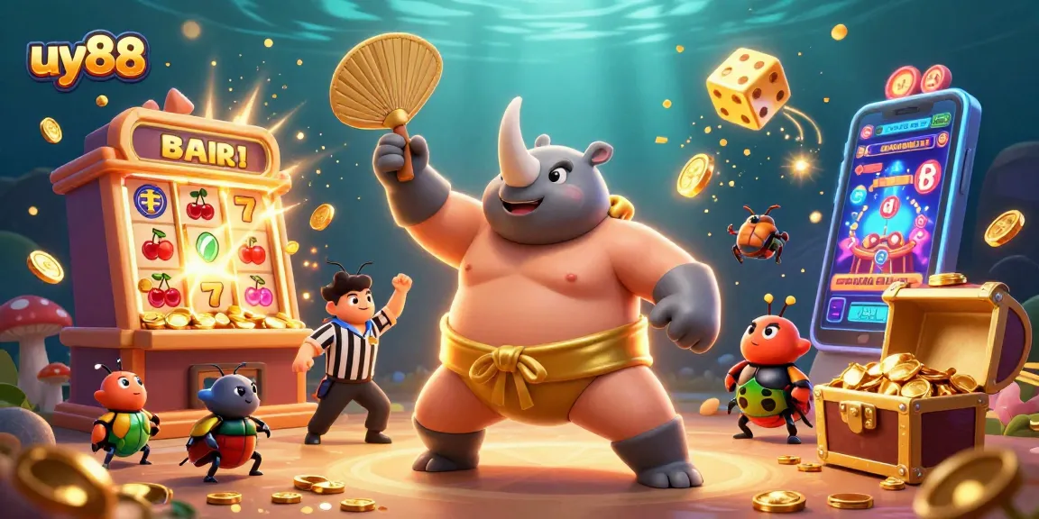 Experience the thrill of uy88 with a dynamic 3D illustration showcasing a sumo beetle and casino excitement.