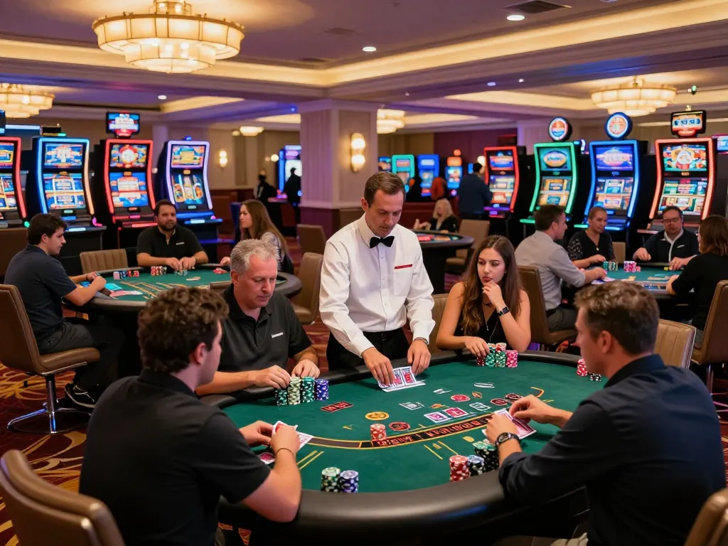 hitclub players strategizing at blackjack tables in a vibrant casino atmosphere