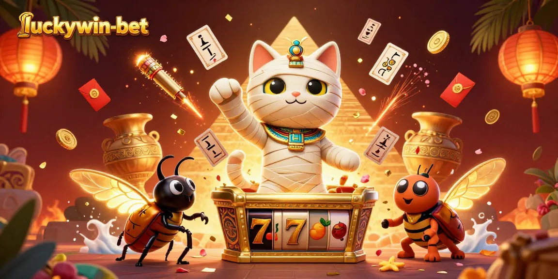 Experience the excitement of luckywin-bet with the energetic Egyptian mummy cat casino scene.