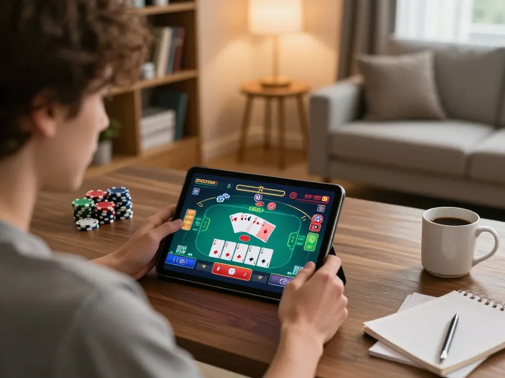 Topzo user enjoying a poker game on a tablet while tracking strategies in a comfortable home setup.