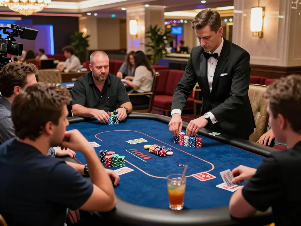 Cwin players engaged in an exciting poker game with colorful chips and professional dealer, highlighting the vibrant casino atmosphere.