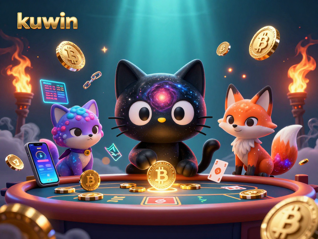 Engage with kuwin gaming strategies at a cosmic casino table with charming characters.