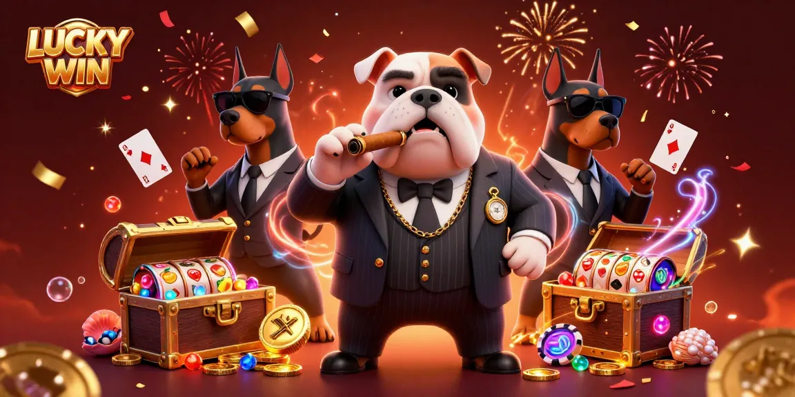 Engage with LUCKYWIN's vibrant casino scene featuring a bulldog boss and dynamic gaming elements.