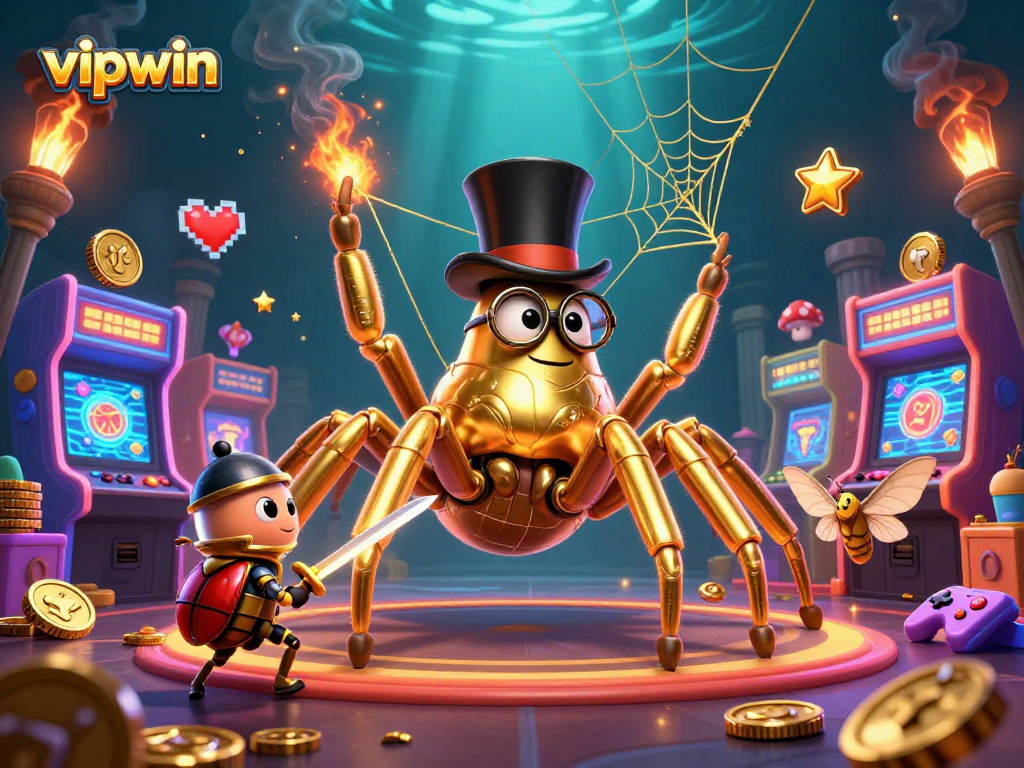Experience the thrilling gaming world at vipwin with a golden tarantula and brave beetle knight among vibrant arcade elements.