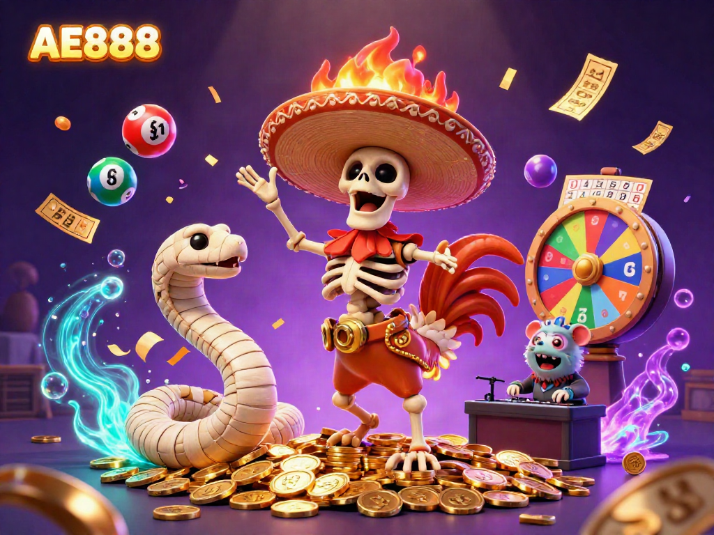 Engaging scene with AE888, celebrating vibrant casino culture with a skeleton mariachi rooster, mummy snake, and zombie hamster DJ amidst dynamic game elements.