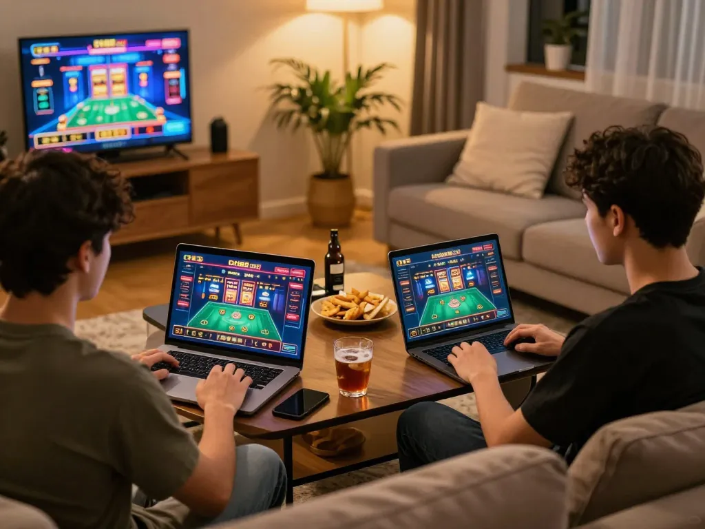 Players engaging with dh88 com online casino games in a cozy home setting with laptops.