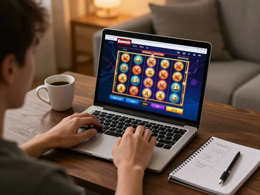 Player enjoying bomwin online casino with laptop displaying exciting slot game.