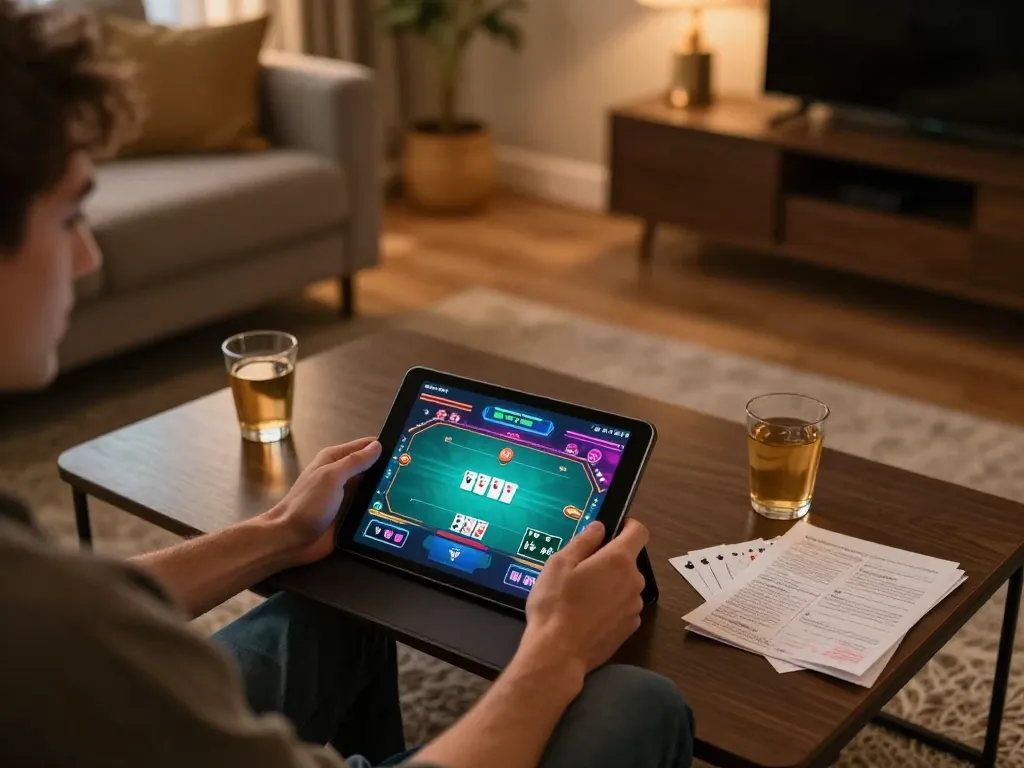 Engaging in online poker gameplay at home while using link sungaitoto for easy access to betting options.