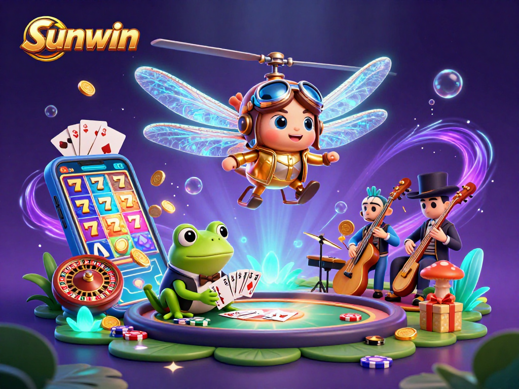 Experience the excitement of sunwin with a vibrant casino scene featuring a dragonfly pilot and frog dealer.