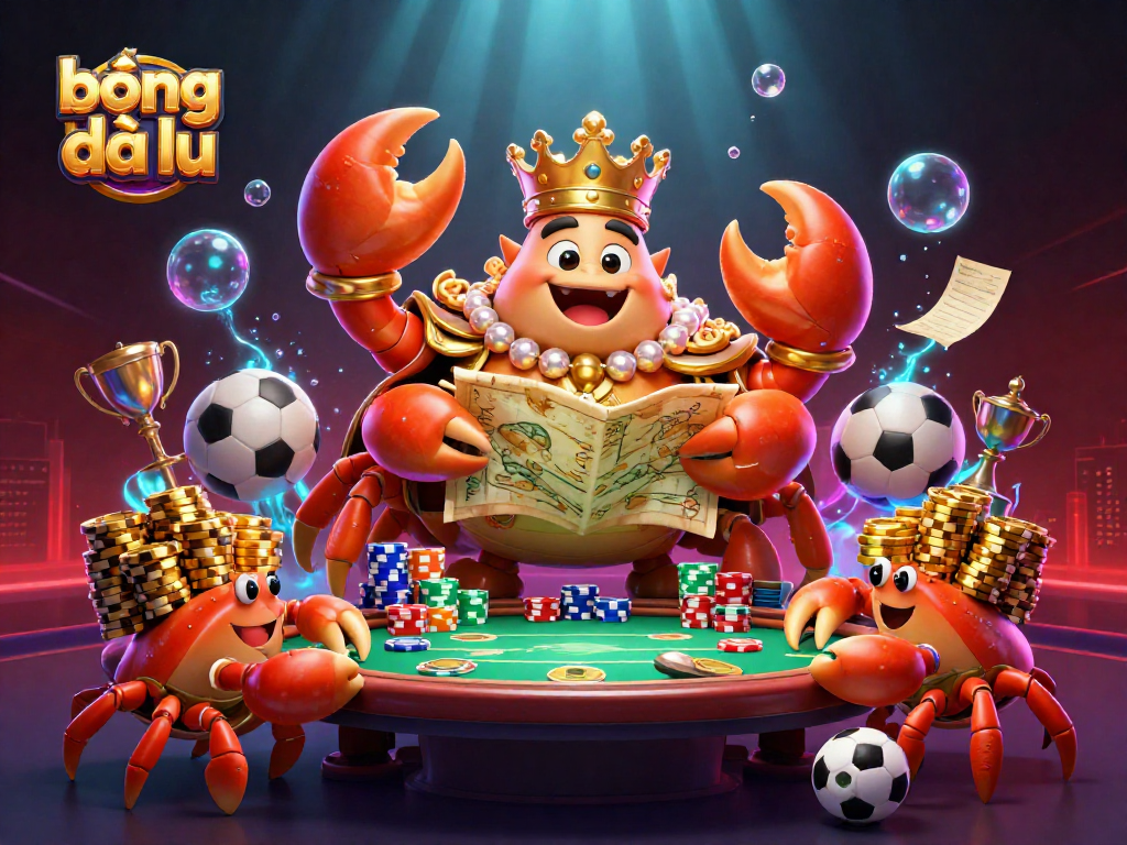 Engage in thrilling sports betting with bóng đá lu, as crab emperor leads the game with trophy and betting slips.