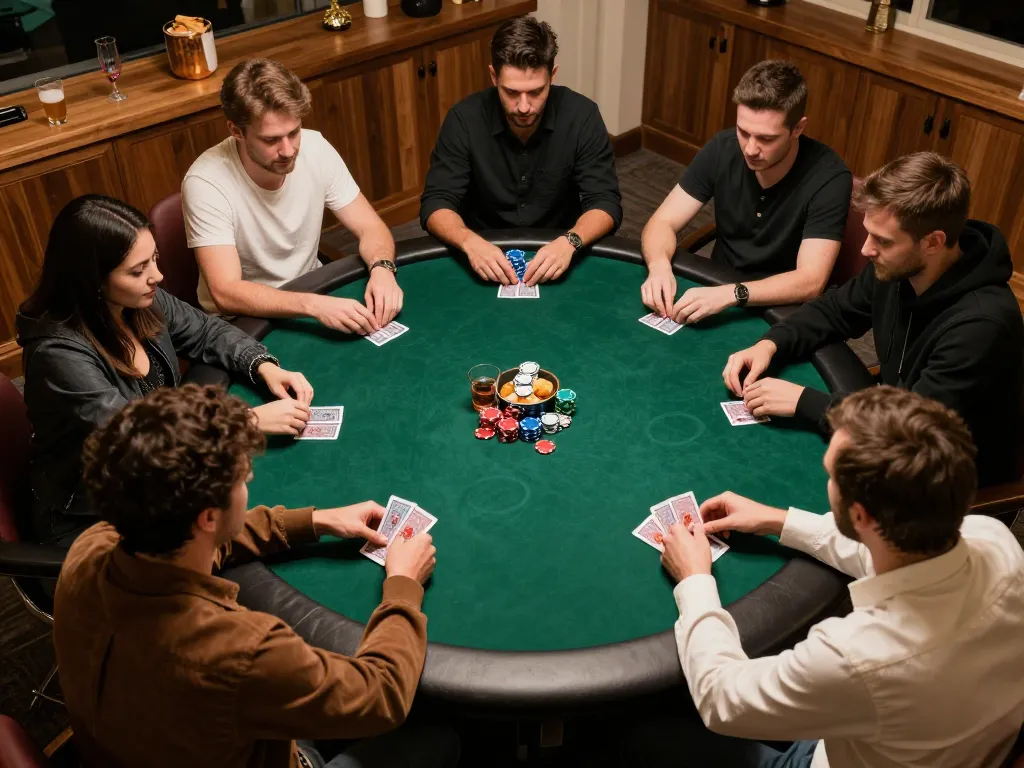 888vnd players engaging in a thrilling poker game, showcasing chips and cards in a cozy setting.