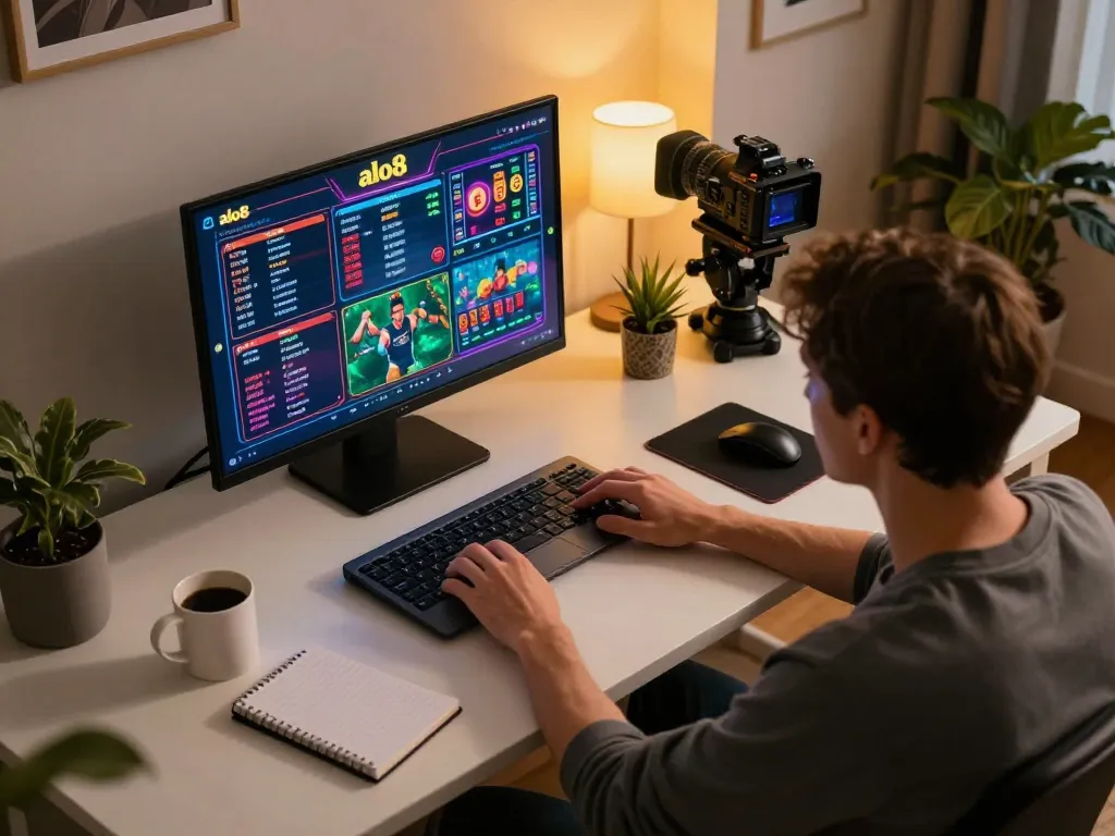 Player engaging in online casino games at alo8 on a laptop, showcasing a cozy gaming setup.