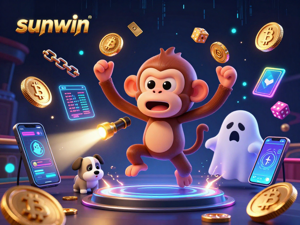 Experience the playful allure of sunwin with a mischievous ghost monkey juggling gold.