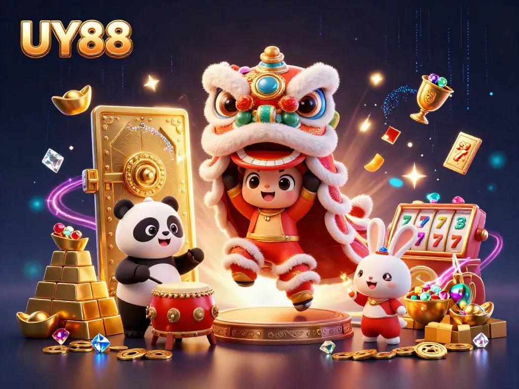 Experience the excitement at UY88 with stunning visuals of a festive scene combining Chinese culture and gambling elements.
