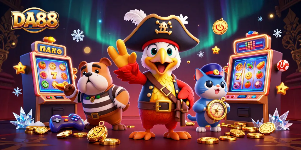 Join the adventure with DA88 in an exciting casino-themed battlefield filled with slot machines, coins, and vibrant characters.