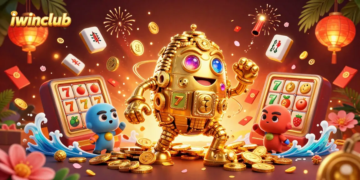 Engage with iwinclub's vibrant casino atmosphere featuring a golden golem, slot reels, and celebratory fireworks.