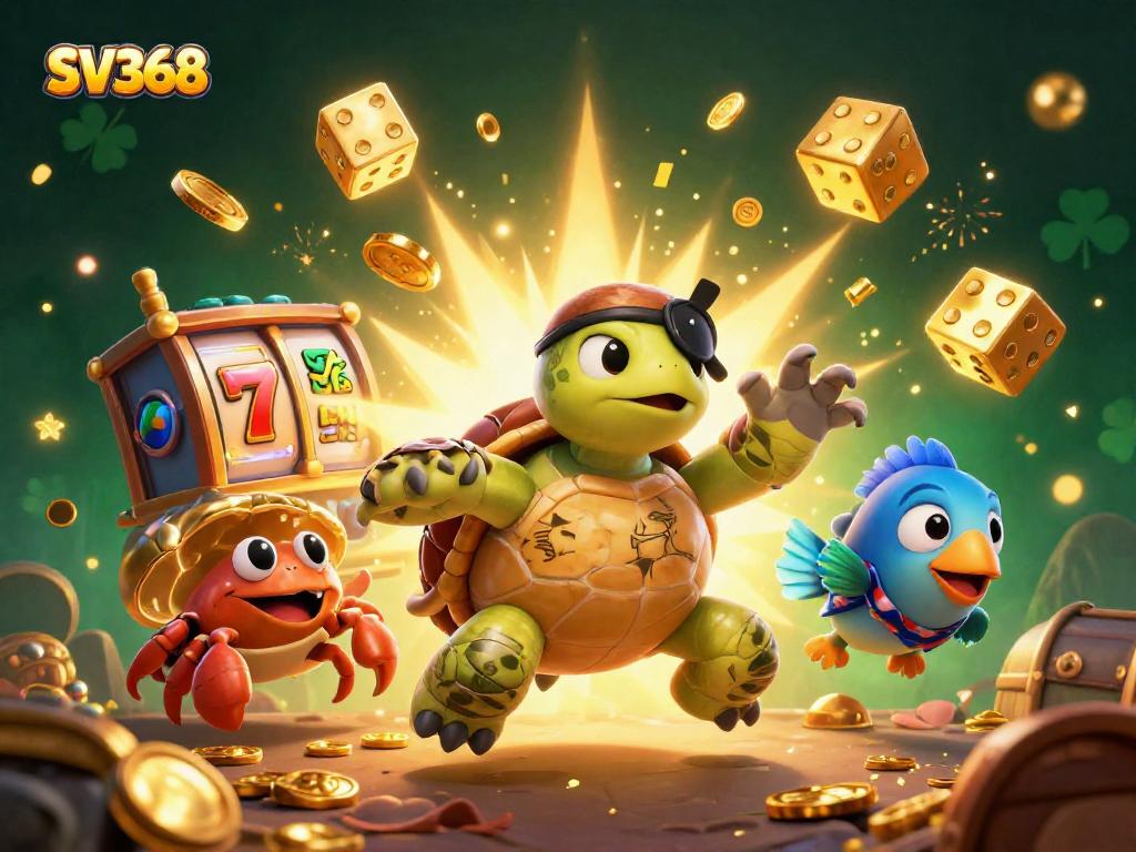 Spin and win at SV368 with a lively 3D casino scene featuring a pirate turtle and treasure!