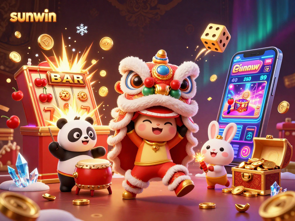 Immerse in the vibrant sunwin slot scene featuring a festive lion dance, coins, and jackpot excitement.