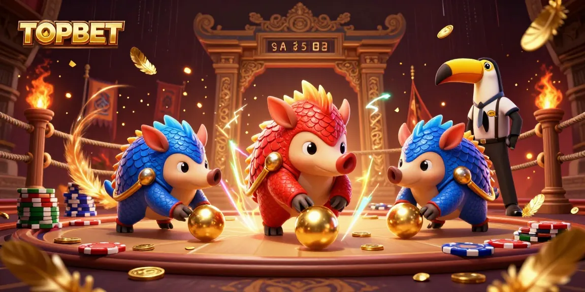 TOPBET pangolins battling in a vibrant casino scene with poker chips and gold coins.