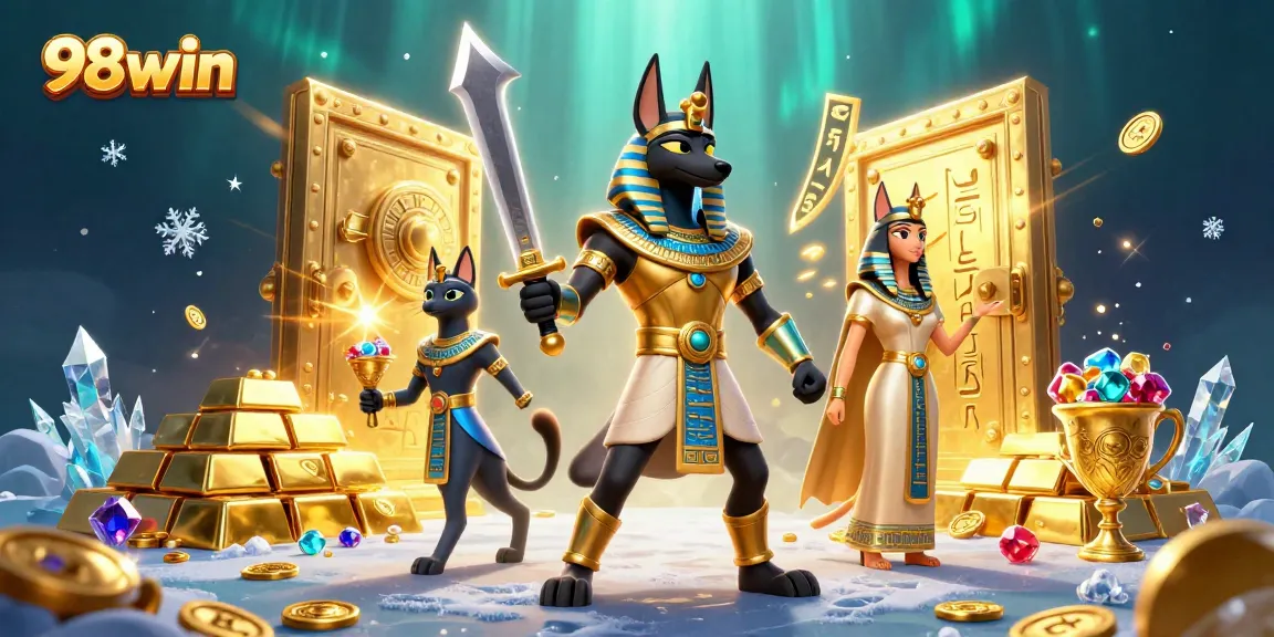 Experience the thrill of 98win with Anubis and Bastet in a dazzling casino adventure.