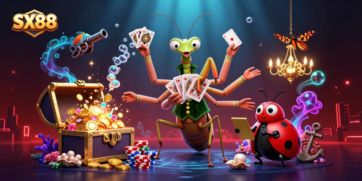 SX88 showcases an exciting casino scene with a giant mantis dealer, lively games, and vibrant colors.