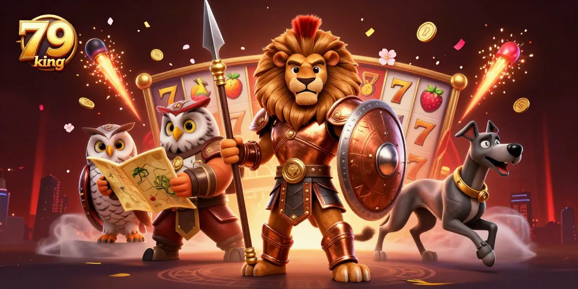 Engage in vibrant gameplay with 79 king as characters battle amidst dynamic slot machine elements.