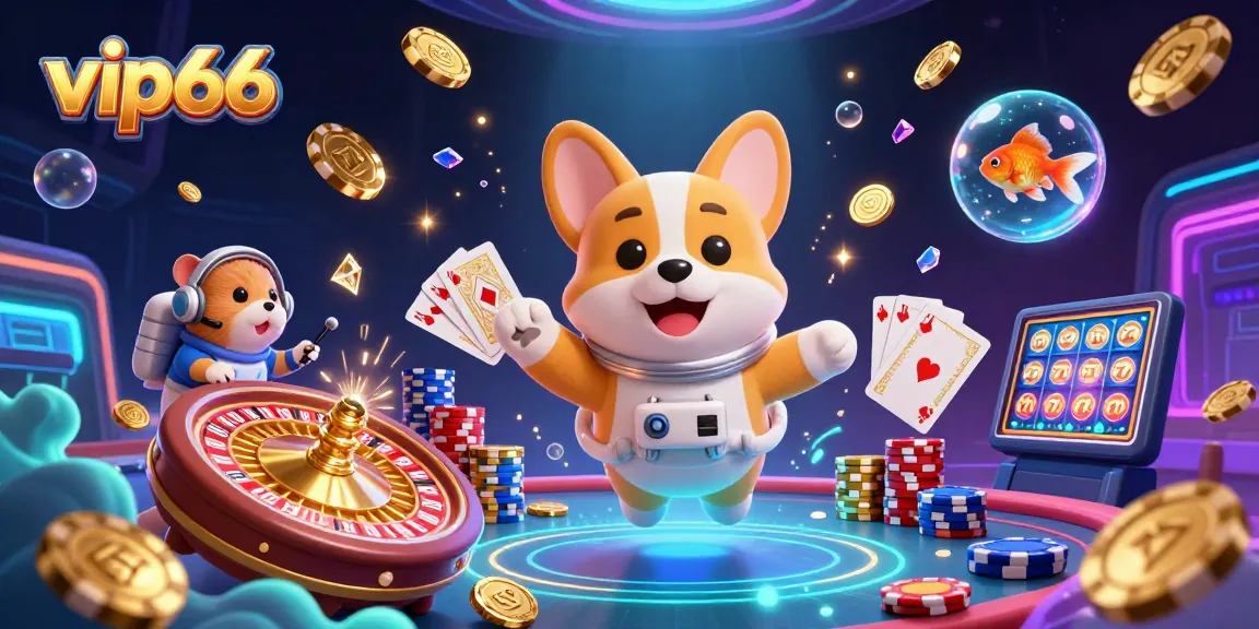 Experience the thrill of vip66 with a cartoon astronaut corgi in an energetic casino scene.