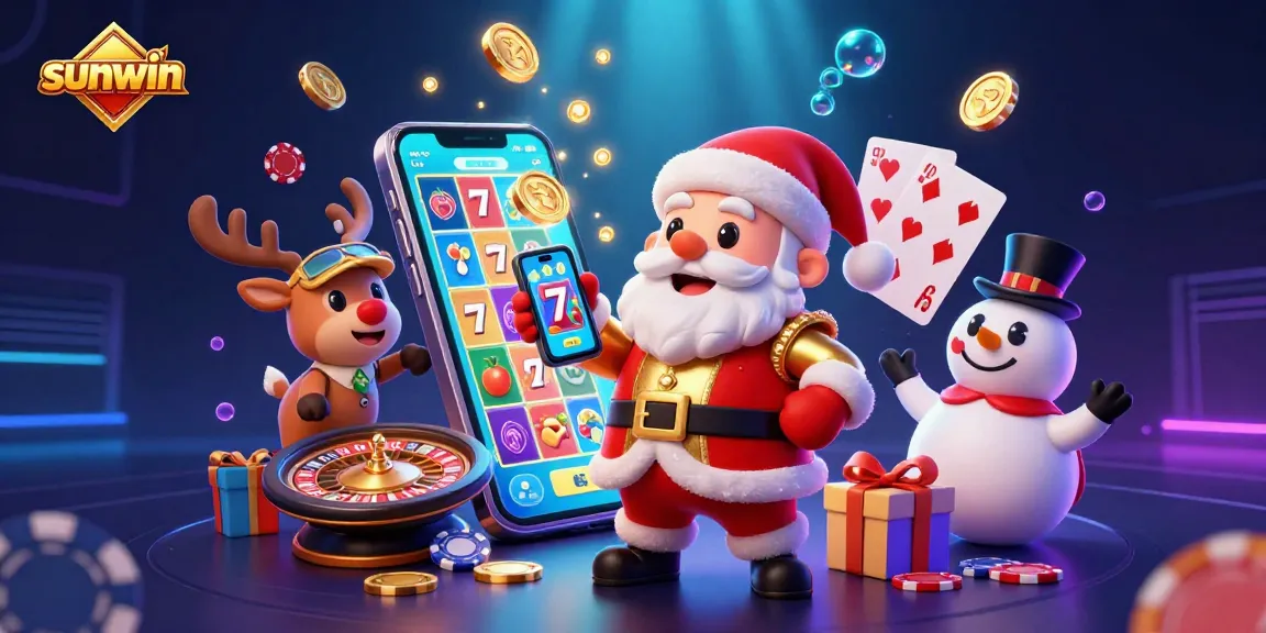 Win huge with sunwin in this festive casino scene featuring Santa and friends among jackpot slots!