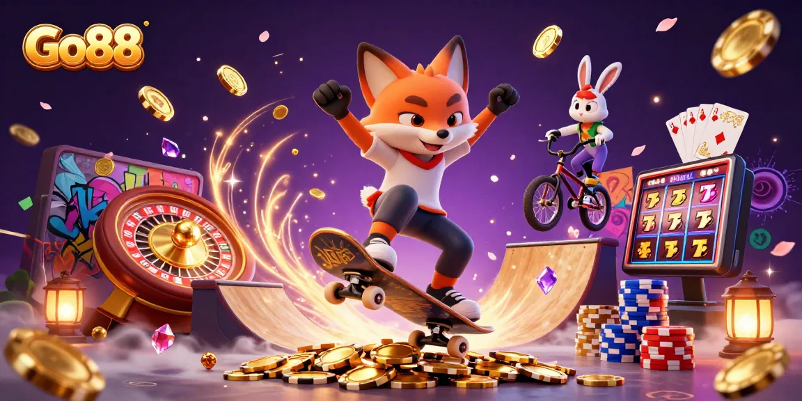 Go88 enhances the casino experience with dynamic action from animated characters performing stunts.