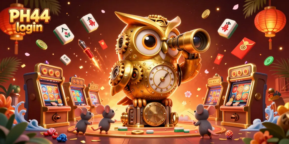 Engage with the PH44 login experience in this vibrant casino scene with a golden owl and animated elements.