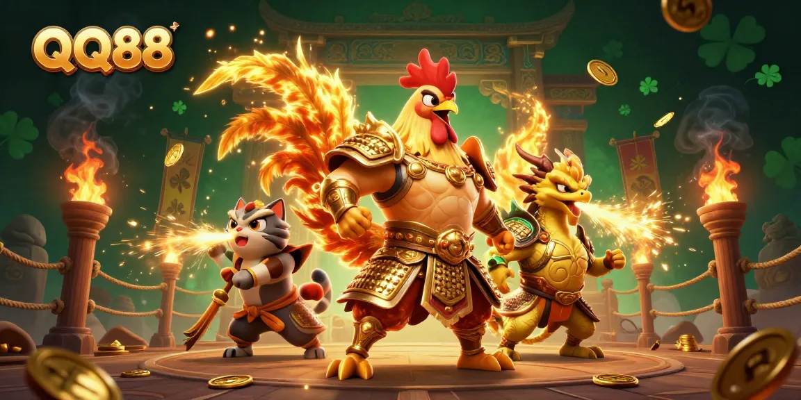 Experience QQ88's thrilling gameplay with an epic rooster warrior and dragon in a captivating arena.