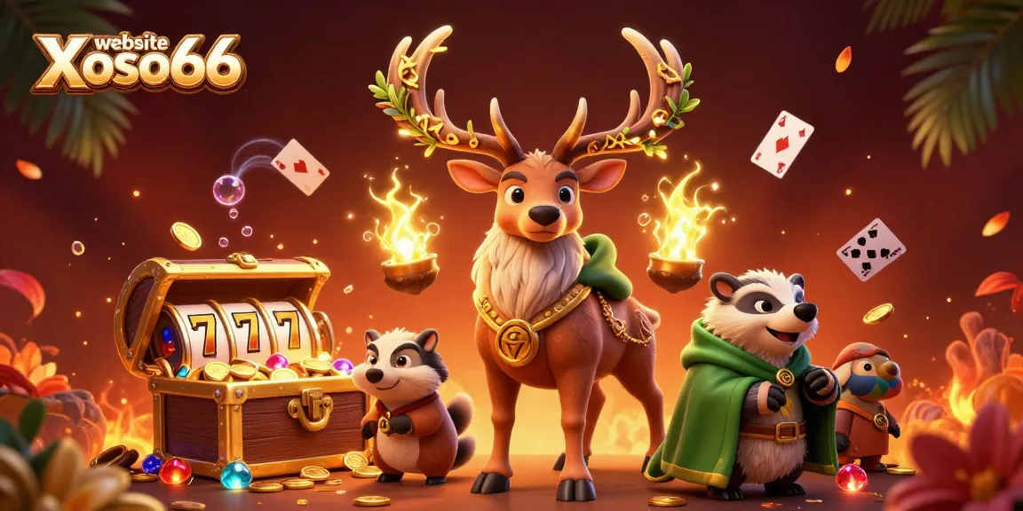 Engage with the excitement at website Xoso66 featuring a Celtic druid stag, badger, and vibrant casino elements.