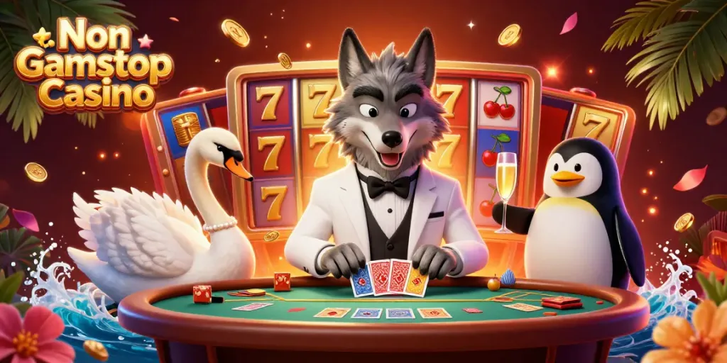 Engaging scene showcasing Non Gamstop Casino with cartoon wolf, swan, and penguin among vibrant slots and tropical decor.