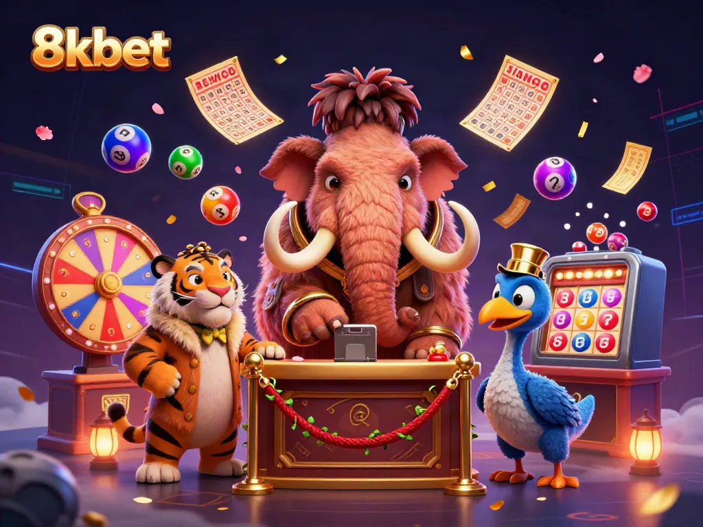 Vibrant 3D scene depicting 8xbet with a mammoth bouncer and colorful lottery elements.